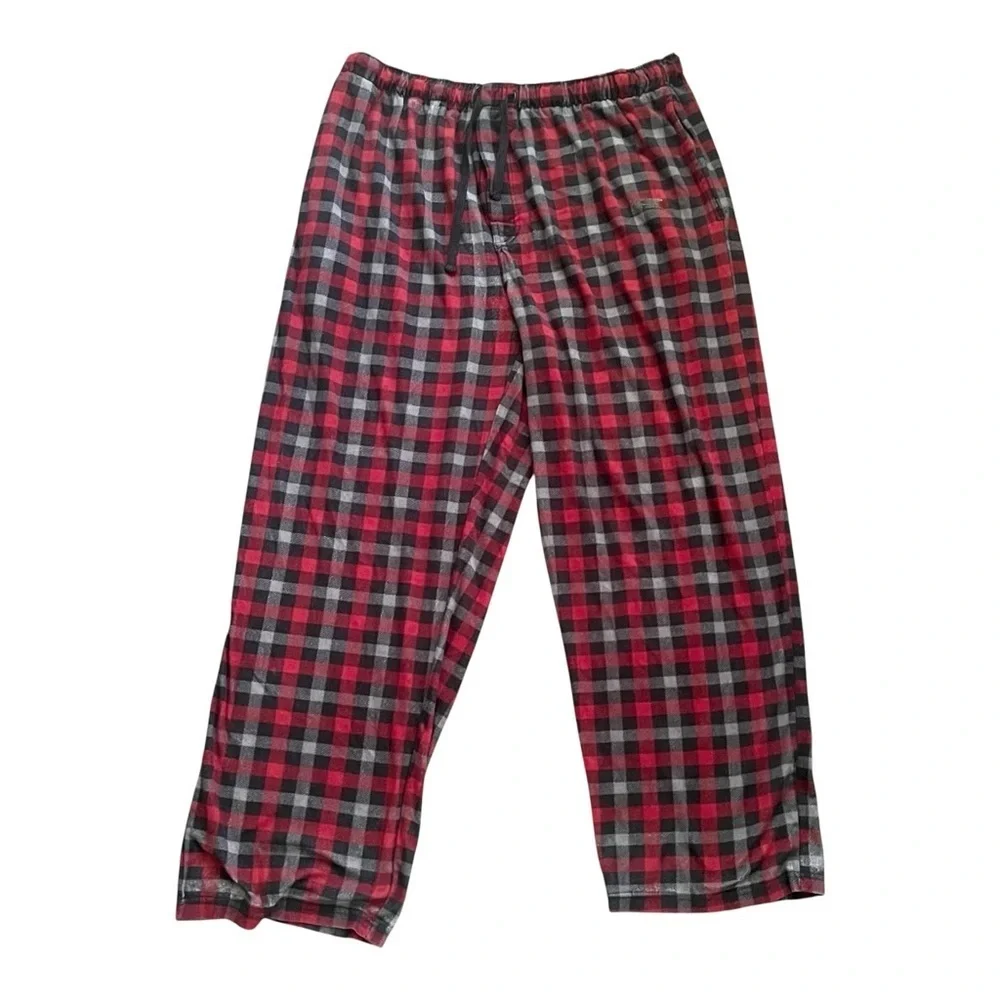 IZOD fleece pajama pants XL black and red plaid side pockets polyester
